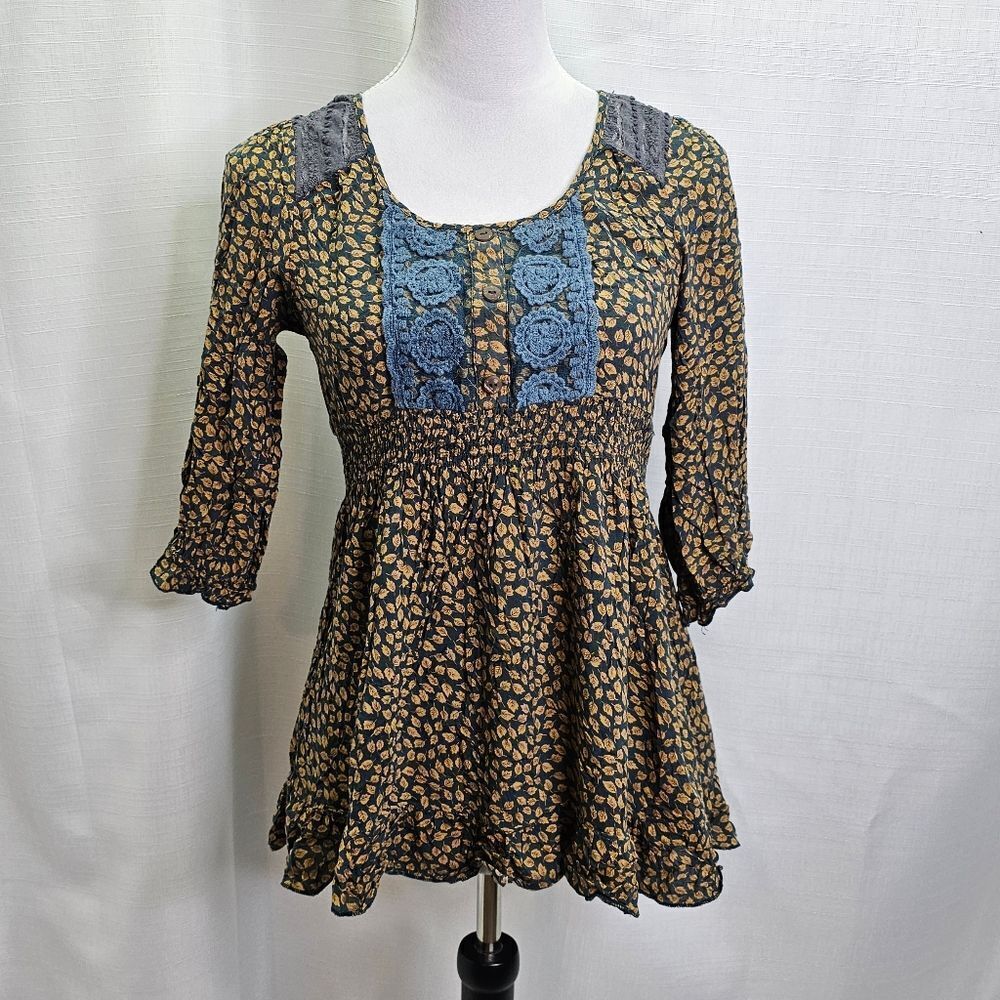 Mine Boho Crochet Smocked Babydoll Blouse Size Small